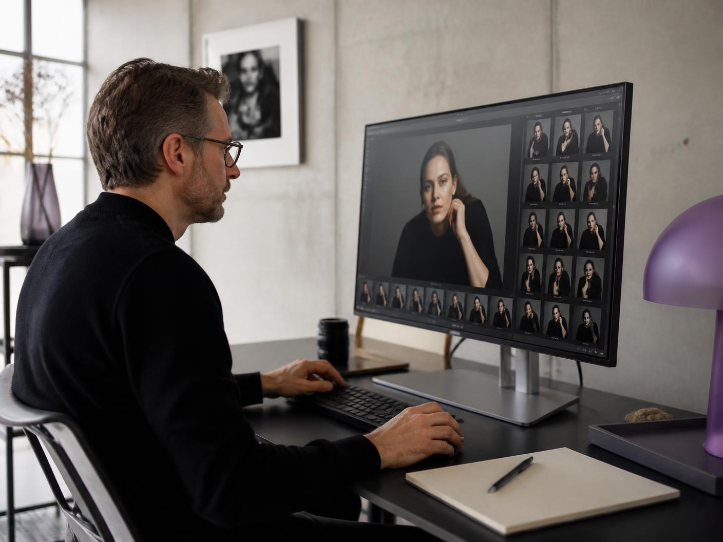 Fotógrafo revisando imagens em uma estação de edição